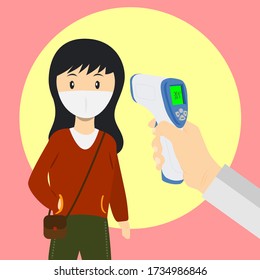 A man holding an infrared thermometer to measure temperature of woman in surgical mask opposite him vector.