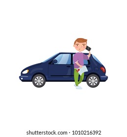 Man holding insurance document and talking by phone while standing in front of blue car, showing paper document, car insurance concept cartoon vector Illustration