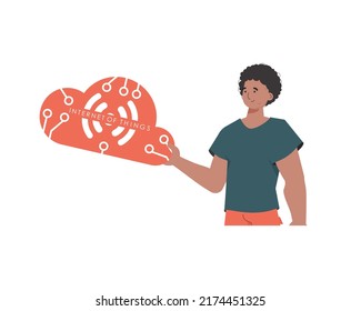 A man is holding an IoT icon in his hands. IoT concept. Isolated. Vector illustration in flat style.