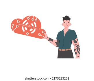A man is holding an IoT icon in his hands. IoT concept. Isolated. Vector illustration in trendy flat style.
