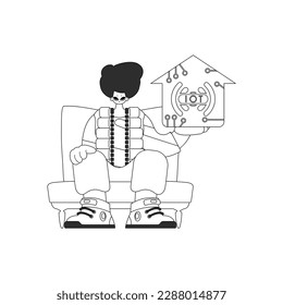 A man holding an IoT logo in a vector linear style
