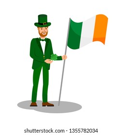 Man Holding Ireland Flag Flat Color Illustration. Guy in Green Suit and Cylinder Hat Cartoon Character. Irishman with Four Leaf Clover. Travel to Ireland, Saint Patrick Day, Irish Holiday Celebration