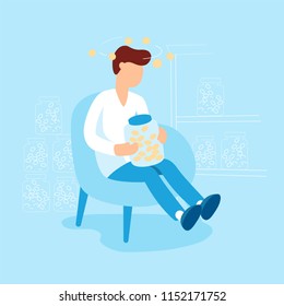 Man holding a jar of coins and sitting in the armchair vector flat illustration. Confused man thinking about money cartoon character for infographic design.