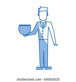 man holding a jar with a fish design
