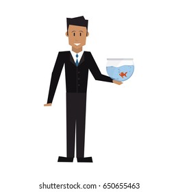 man holding a jar with a fish design