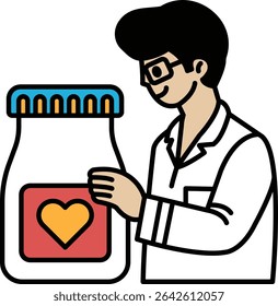 A man is holding a jar with a heart on it. He is smiling and he is happy