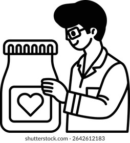 A man is holding a jar with a heart on it. He is smiling and he is happy