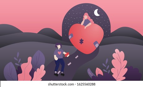 Man holding jigsaw  piece to fill in woman heart for healing her bad love experience; Valentine's day concept design illustration