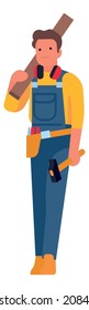 Man holding joiner tools. Carpenter carrying wood