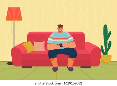 Man holding joystick playing video games at home. Personage spending time at home on weekends. Interior of home of bachelor. Sofa and plants with lamp. Leisure of boy sitting alone vector in flat