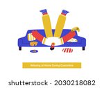 man is holding joystick and playing videogames on the sofa with pizza. Gaming concept. Young man won a videogame and is happy about it. Gamer self-isolate from a pandemic. Vector flat illustration