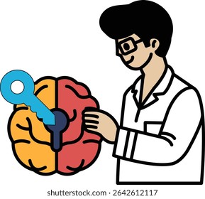 A man is holding a key in front of a brain. Concept of unlocking the potential of the brain