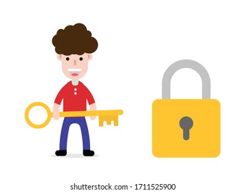 Man holding key. Man holding key to unlock. Key icon. character concept.
business concept.