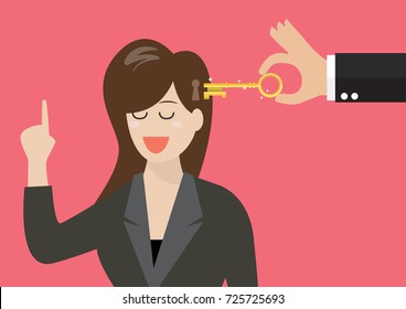 Man holding a key unlocking business woman mind. Vector illustration