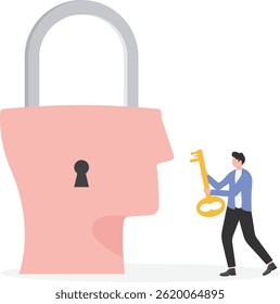 man holding a key unlocking businessman mind, unlock and Read minds, opening mind conceptual