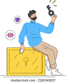 Man Holding Key and Unlocking safe