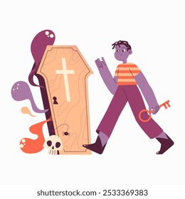 Homem Segurando A Chave Caminhando Em Direção Ao Caixão Com Fantasmas Na Ilustração De Vetor Plano Simbolizando Halloween, Mistério E Vida Após A Morte, Isolado No Fundo Branco