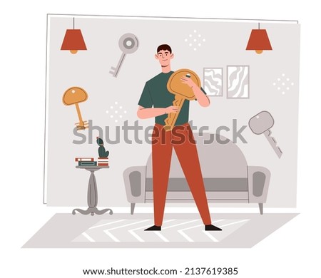 Man holding key. Young guy, metaphor for successful idea. Aspiring entrepreneur or businessman, creative personality, genius. Mental impasse and search for way out. Cartoon flat vector illustration