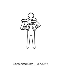 Man holding kid icon in doodle sketch lines. Family gather holiday travel