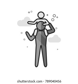 Man holding kid icon in flat outlined grayscale style. Vector illustration.