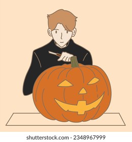 Man holding knife, carving pumpkin into jack-o-lantern for Halloween. Hand drawn flat cartoon character vector illustration.