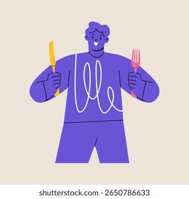 Man holding knife and fork. Colorful vector illustration
