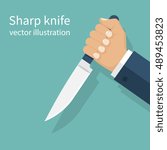 Man holding a knife in hand. Vector illustration flat design. Isolated on background. Steel arms.