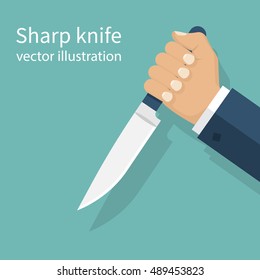 Man holding a knife in hand. Vector illustration flat design. Isolated on background. Steel arms.