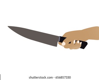 Man holding a knife in hand. Vector illustration flat design. Isolated on background. Steel arms.