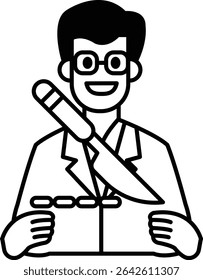 A man is holding a knife and smiling. He is wearing a lab coat and glasses. The image is black and white