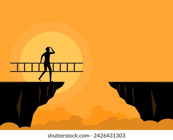 Man holding a ladder over obstacles, gaps cliffs 