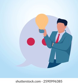 A man holding a lamp inside a chat icon. Illustration for suggestions, criticisms and tips and tricks.