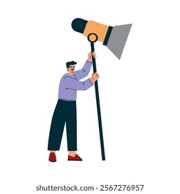 Man Holding Lamp at Shooting Film Movie Production Scene Vector Illustration