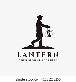 Man Holding Lantern To Lead The Way, Vintage Logo Illustration On White Background, Lantern Logo