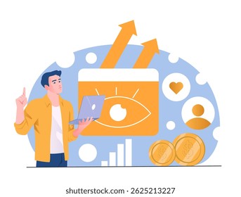 Man holding laptop analyzing digital marketing performance with eye symbol, arrows, charts, and coins on abstract background. Concept of SEO and engagement. Vector illustration