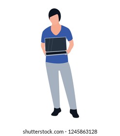 Man holding laptop flat icon design of technologist