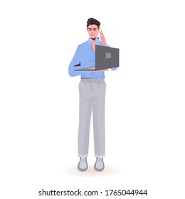 man holding laptop guy model in trendy clothes male cartoon character standing pose full length isolated vector illustration