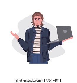 man holding laptop guy model in casual trendy clothes male cartoon character portrait isolated vector illustration