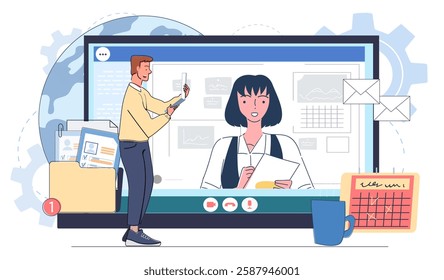 A man holding a laptop is having an online job interview with a woman on a large screen. Various documents, emails, and charts are shown around. Concept of remote hiring. Vector illustration