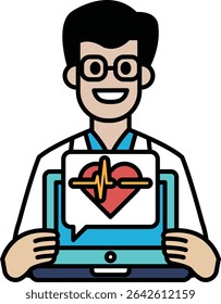 A man is holding a laptop with a heart on it. He is smiling and he is happy
