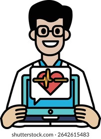 A man is holding a laptop with a heart on it. He is smiling and he is happy