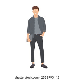 Man holding laptop in his hands. Flat vector illustration isolated on white background