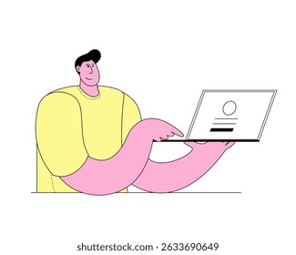 Mann, der Laptop hält und sich einloggt. Profil mit personenbezogenen Daten. Vektorgrafik des Konzepts für Profilsicherheit und Datenschutzrichtlinie.