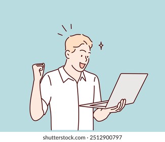 The man is holding a laptop and looks energetic. Hand drawn style vector design illustrations.