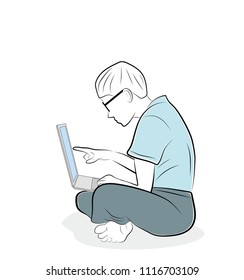 man is holding a laptop on his lap. not correct posture when working. vector illustration.