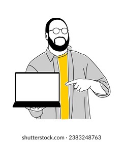 Hombre sujetando el portátil y apuntando al vector de pantalla.