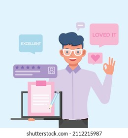 Man holding laptop and positive review in speech bubble and social network. customer experience, review concept. people character vector design.