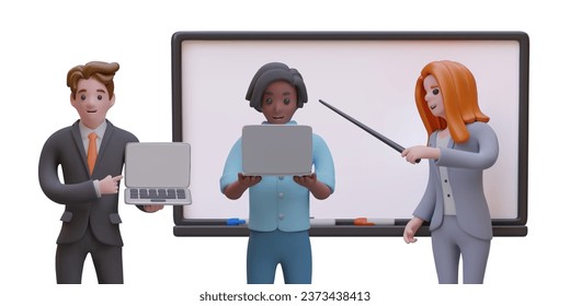 Hombre cargando una laptop, presentando un gadget para el trabajo. Puntero femenino, parado cerca del escritorio y equipo de trabajo docente. Productividad de Office, flujo de trabajo. Ilustración del vector