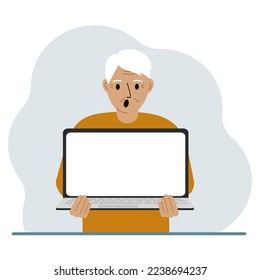 The man is holding a laptop with the screen facing away from him. On the screen of the laptop there is a place for text. Laptop computer technology concept, online education, online work. Vector flat 