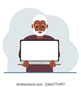 The man is holding a laptop with the screen facing away from him. On the screen of the laptop there is a place for text. Laptop computer technology concept, online education, online work. Vector flat 